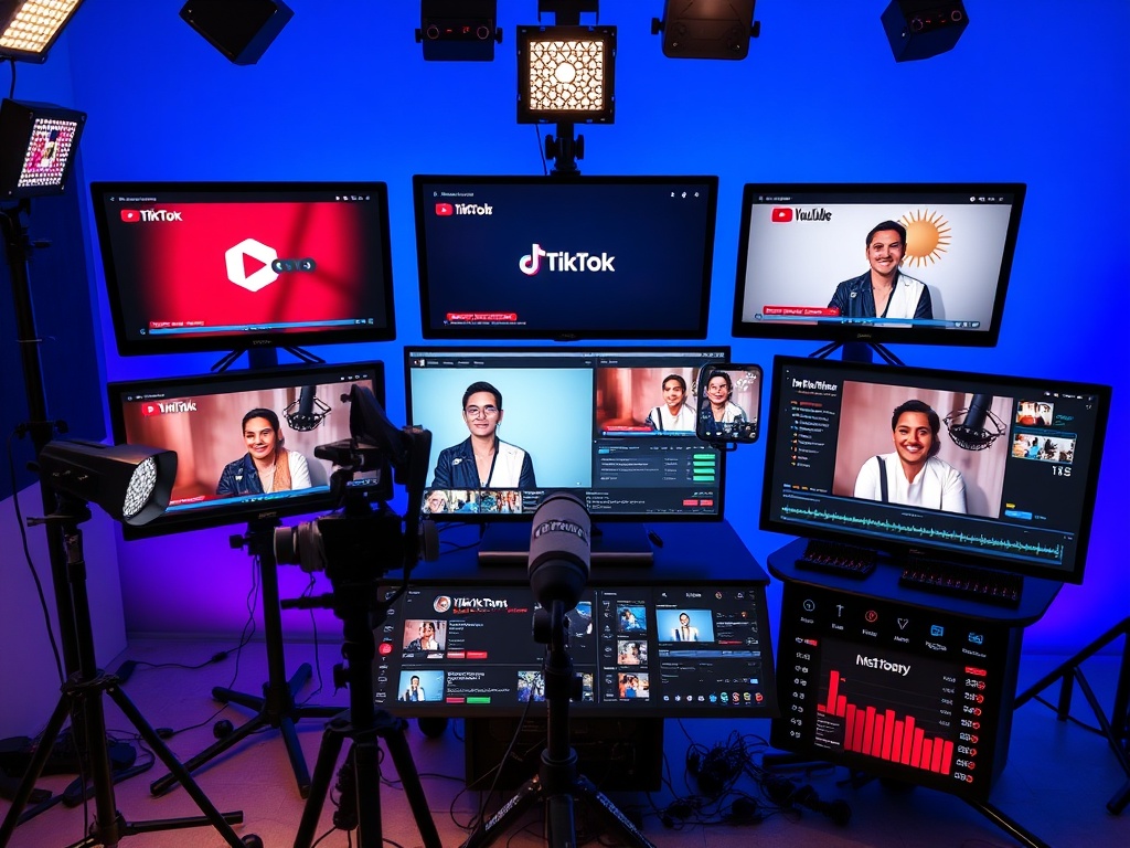 Professional live streaming setup with multiple platforms showing TikTok, YouTube, Facebook, and Instagram live broadcast capability