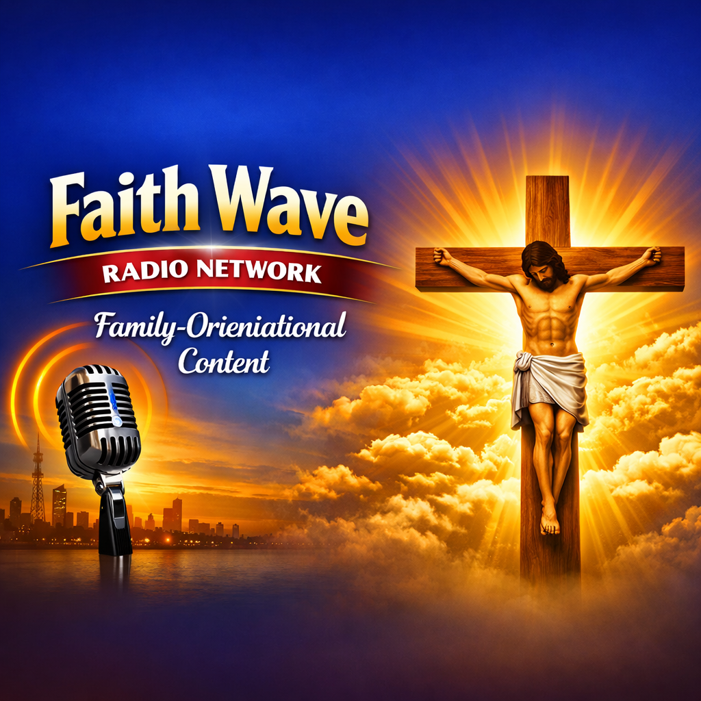 Faith Wave Radio Network - Family-Oriented Content with Golden Cross and Microphone