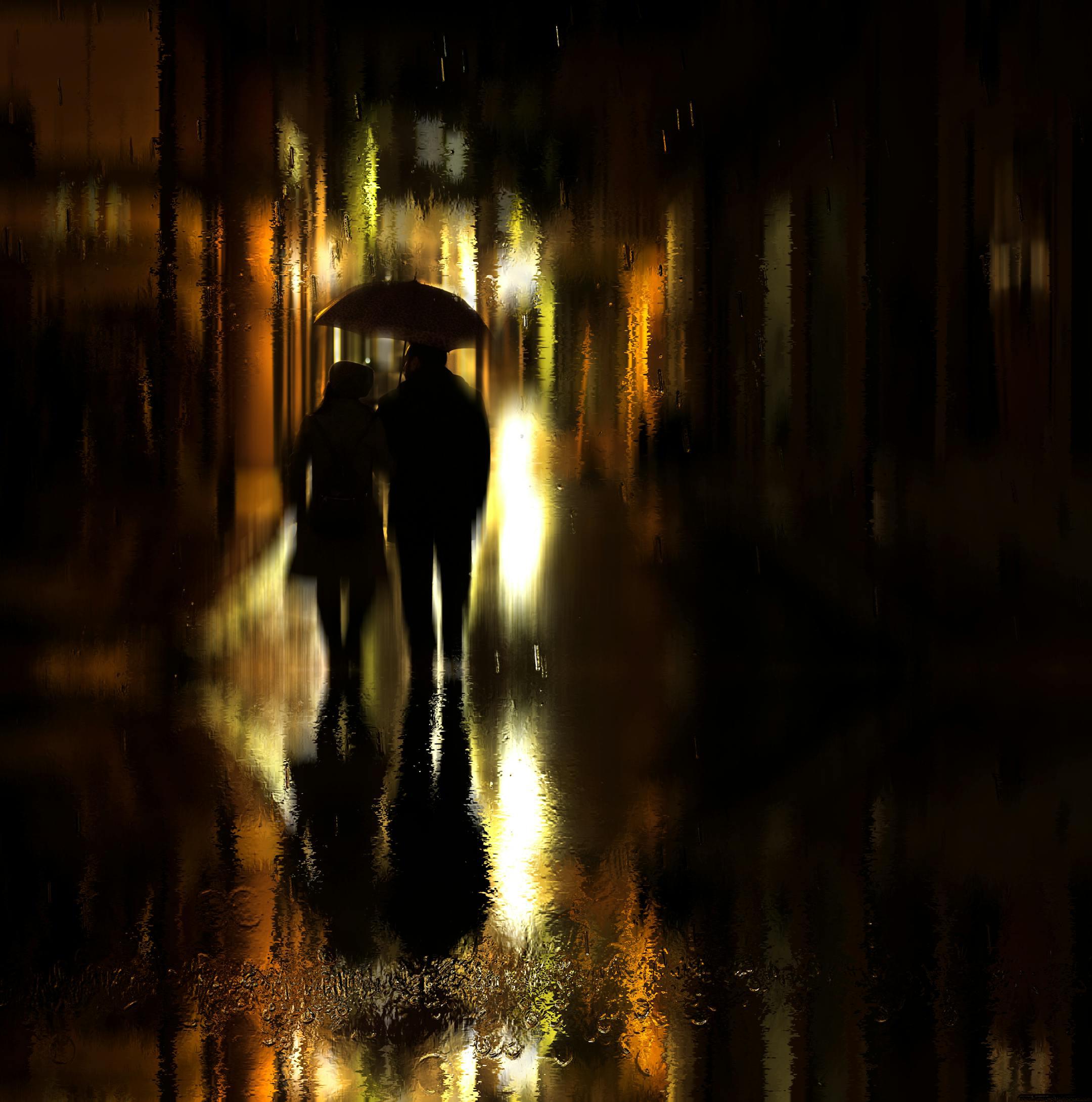 A couple with an umbrella walks on a rainy night street, reflecting street lights in abstract silhouette.