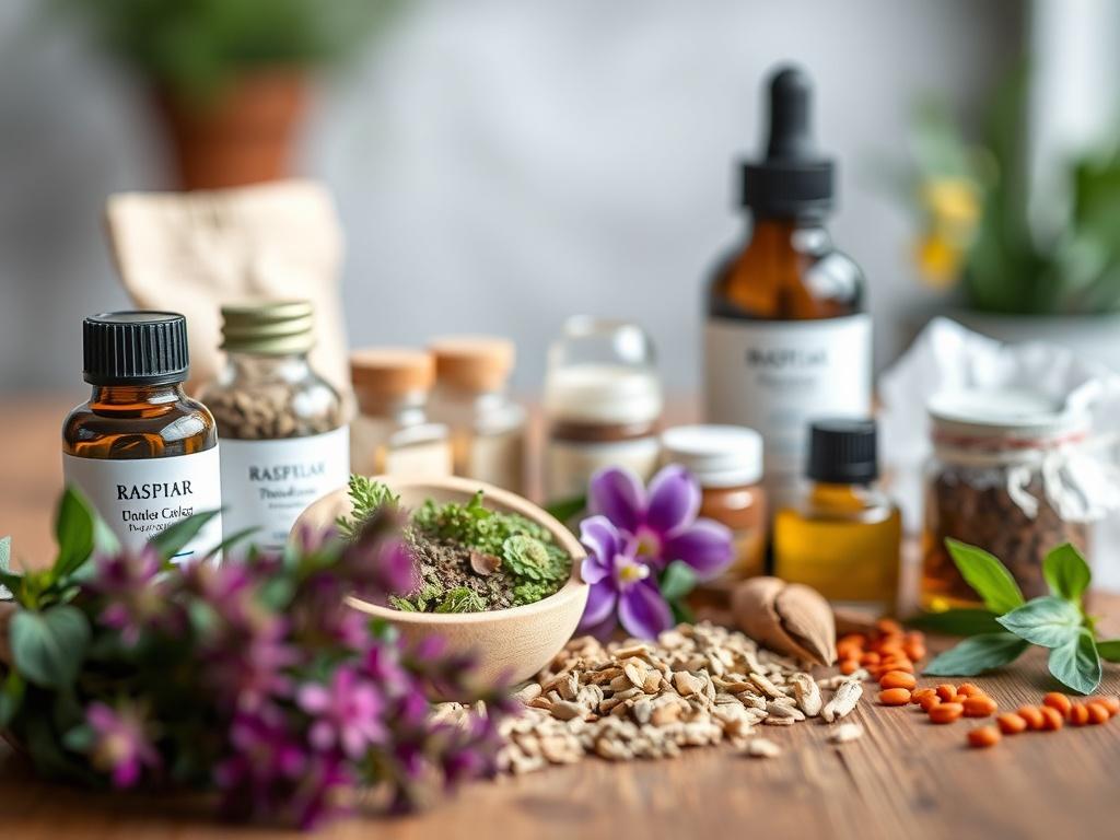 A close-up shot of beautifully arranged herbal products on a wooden table, showcasing vibrant colors of herbs and natural extracts. The background is softly blurred, creating a serene atmosphere that highlights the health benefits of nature's offerings.
