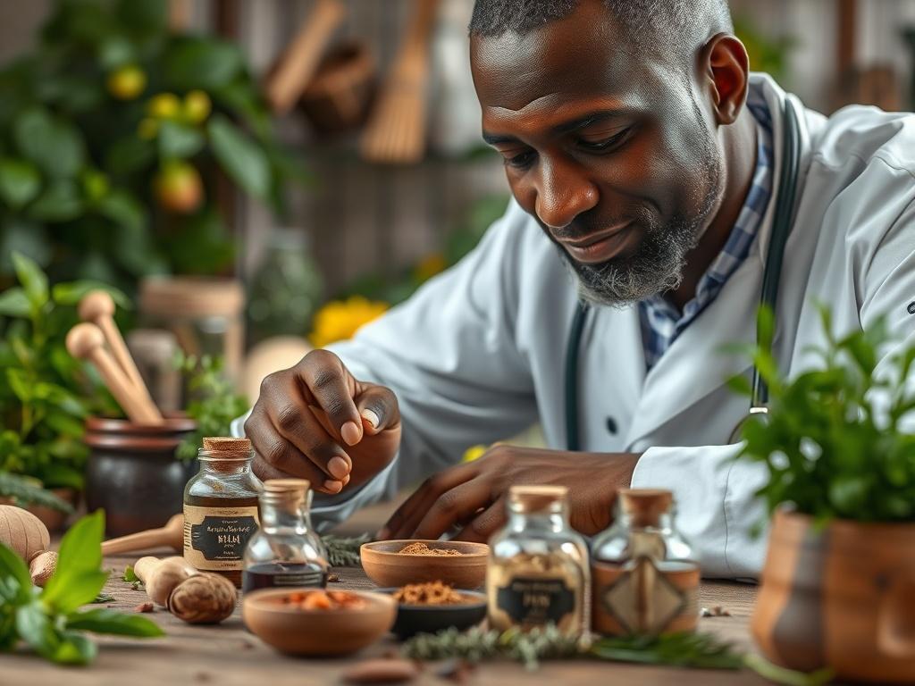 A focused close-up of a practitioner examining herbal remedies on a wooden table. The background softly blurred, showcasing a variety of herbs and natural ingredients. The practitioner is a middle-aged African male with a caring expression, surrounded by greenery, emphasizing a holistic healing environment.