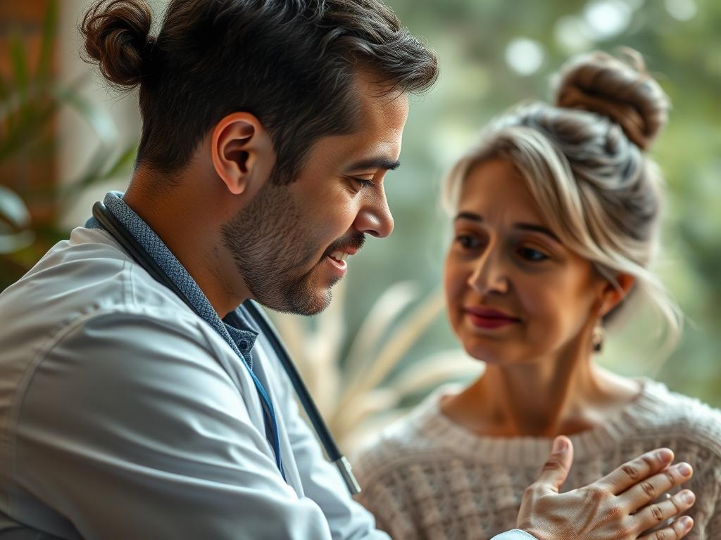 A warm close-up of a practitioner engaging in a follow-up consultation with a patient. The background features calming elements of nature, creating a nurturing environment that fosters trust and ongoing support in the healing process.