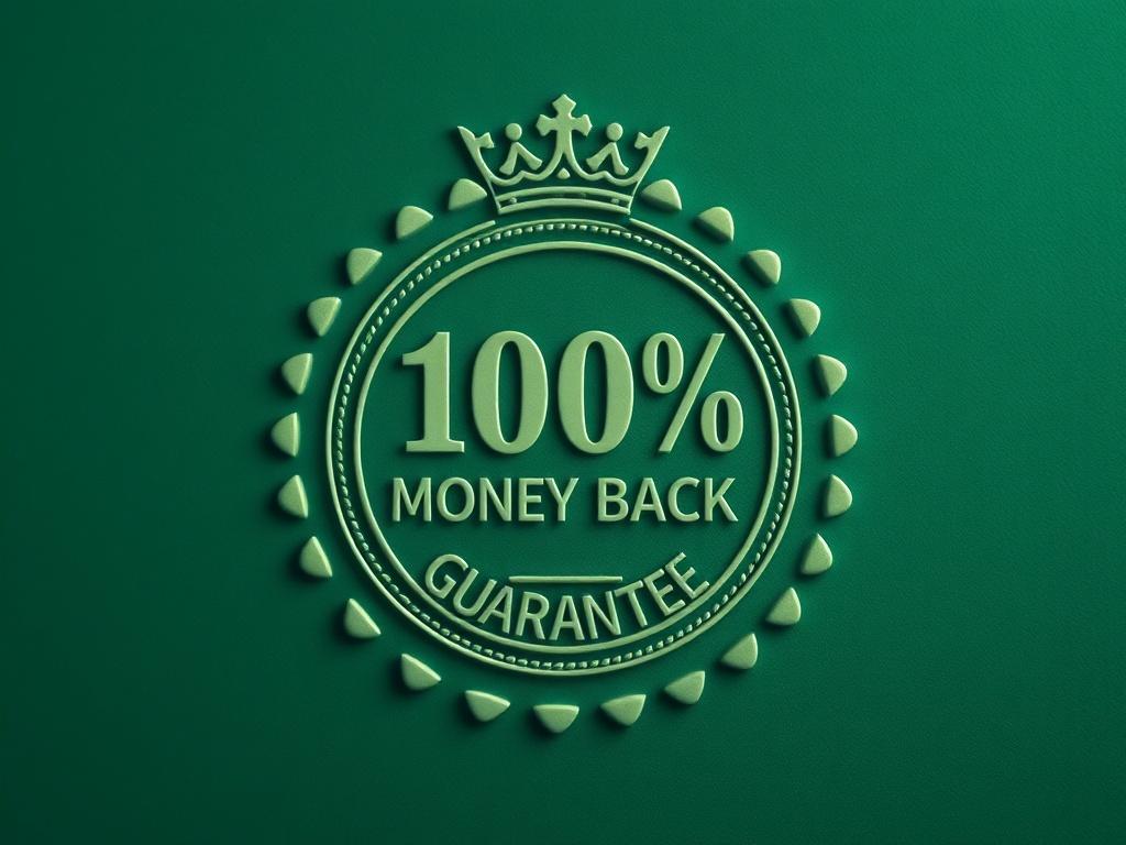 A close-up shot of a crested 100% Money Back Guarantee seal, designed with a bold and elegant style. The seal should feature a prominent crest at the top, with the text '100% Money Back Guarantee' clearly displayed in an eye-catching font. The background should be soft and blurred to emphasize the seal, with a color palette that includes shades of green to align with the brand's primary color (rgb(50, 170, 39)). The image should be high-resolution, captured using a 45mm f/1.2 lens style for a hyper-realisti
