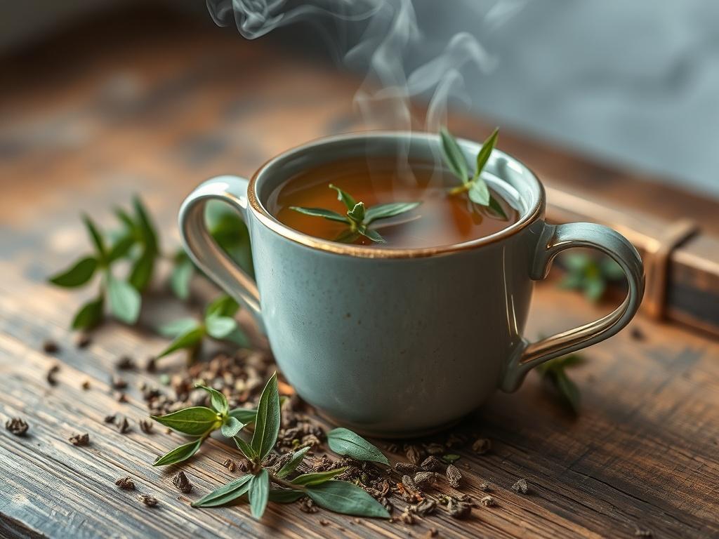 A high-resolution close-up of a steaming cup of Herbal Detox Tea with herbs scattered around it, placed on a rustic wooden surface. The background is softly blurred, capturing the essence of relaxation and wellness.