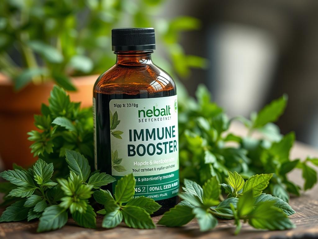 A close-up shot of a bottle of Herbal Immune Booster, featuring vibrant green herbs surrounding it, on a wooden table. The background is softly blurred to highlight the product, with natural lighting that emphasizes the freshness of the herbs.