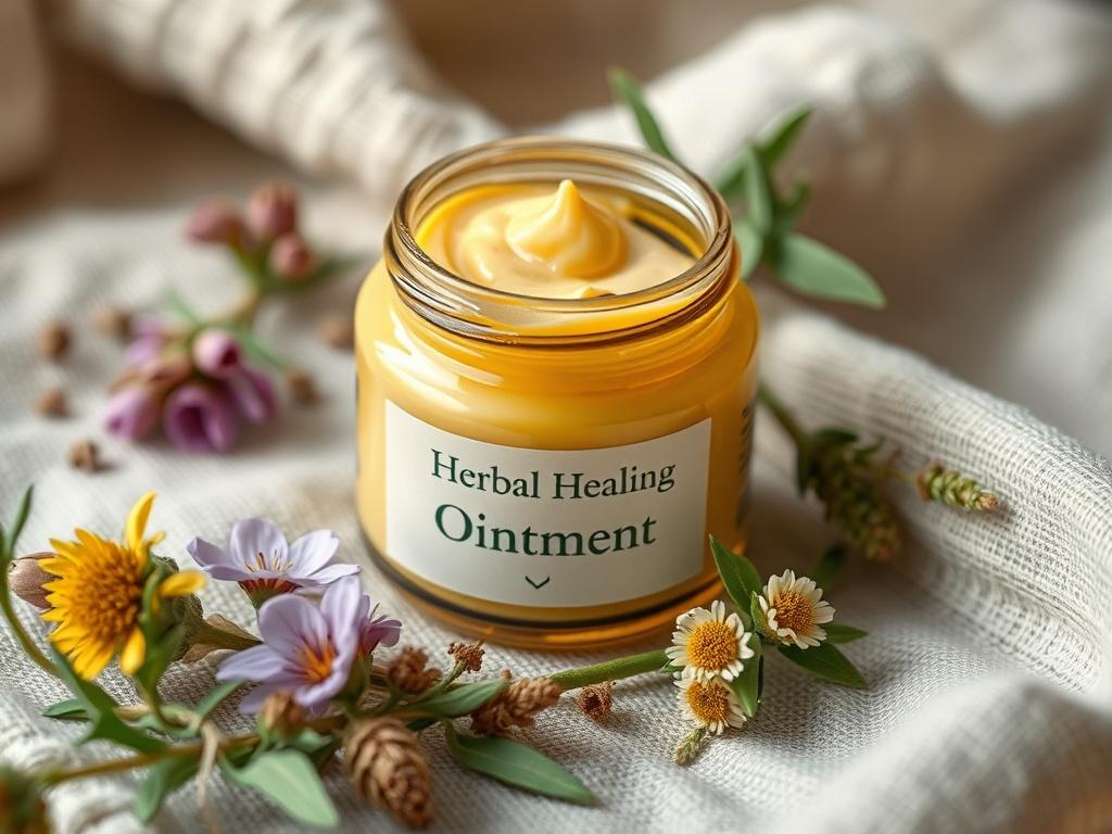 A close-up shot of a small jar of Herbal Healing Ointment, with a few natural herbs and flowers around it, placed on a linen cloth. The image should evoke a sense of care and natural healing.