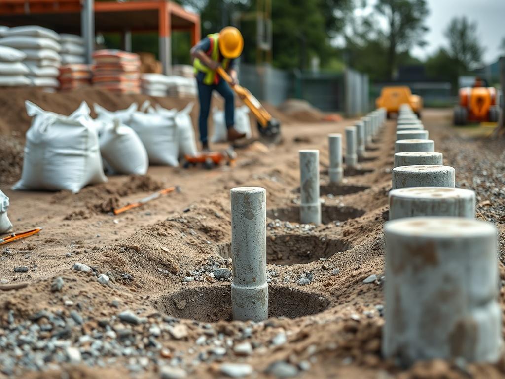 A construction site showing a team excavating holes for bollard