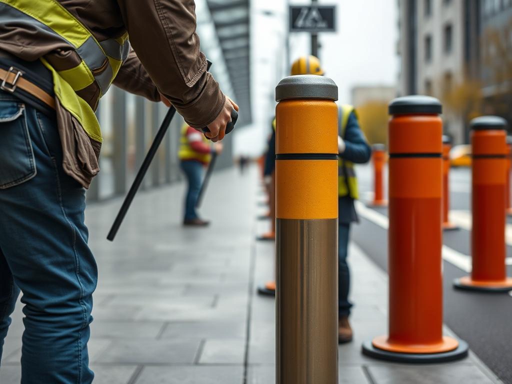 A close up of a team installing bollards, ensuring precision