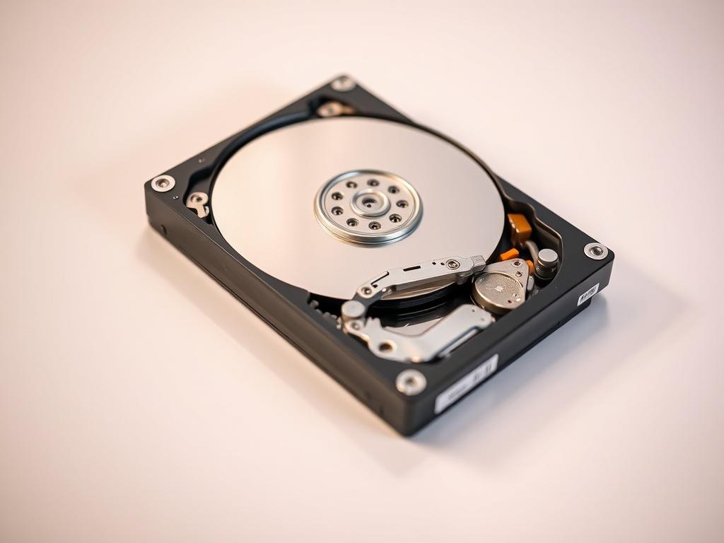 **AI Image Generation Prompt:**

Create a realistic high-resolution photo focusing on a single internal hard drive laid open on a clean, minimalist surface. The hard drive should have its cover removed, exposing the intricate internal components like platters and read/write heads. The background must be a softly blurred, neutral-colored surface to ensure the hard drive is the focal point. 

Incorporate subtle reflections on the hard drive's metal surfaces to enhance realism while maintaining a sharp focus o