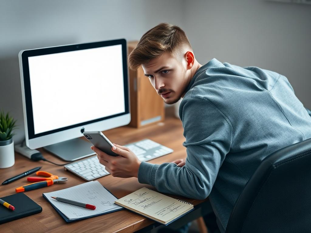 Create a realistic high-resolution photo that captures the essence of a blog post titled "Brak Internetu (Wi-Fi/LAN): Diagnostyka Sieci i Naprawa Połączenia w Domu." The main subject of the image should be a focused close-up of a person (preferably a young adult) sitting at a wooden desk, expressing frustration while trying to troubleshoot a computer with a blank screen. The individual should be holding a smartphone in one hand, looking at a troubleshooting guide or contacting support, emphasizing the commo