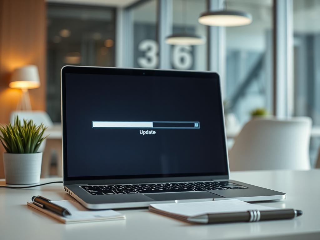 Create a realistic high-resolution photo depicting a single subject that embodies the theme of "Regularna Aktualizacja Oprogramowania: Jak Zautomatyzować Proces w Środowisku Firmowym?". The composition should be simple and clear, focusing solely on one subject – a computer screen displaying a software update progress bar. 

In the foreground, position a modern laptop with a sleek design, its screen illuminated and clearly showing the update process in progress. The progress bar should be halfway filled, sym