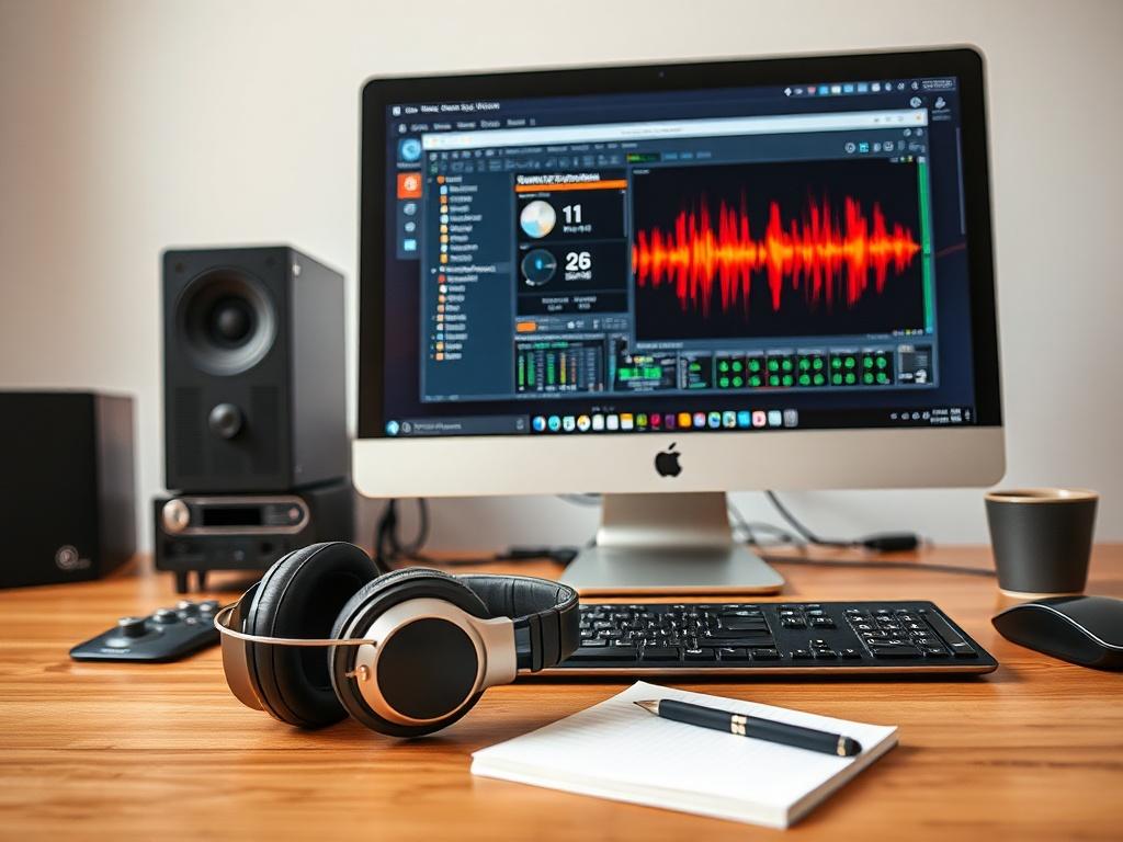 Create a realistic high-resolution photo that visually represents the theme of audio issues in computers, specifically focusing on the dilemma of having no sound. The main subject of the image should be a modern, sleek desktop computer with its monitor prominently displayed. The screen should show a vibrant interface of an audio troubleshooting software or settings, indicating a diagnostic process in action. 

The computer should have visible elements like a professional audio interface or sound card visibl