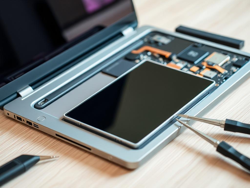 Create a highly realistic high-resolution image that visually represents the blog titled “Wymiana Matrycy w Laptopie: Czy Warto Wymieniać Samemu? Koszty Serwisu.” 

**Composition:** Center the image on a laptop with a partially disassembled screen, showcasing the interior components. The laptop should be placed on a clean, uncluttered work surface, emphasizing a technical and professional setting.

**Subject Matter:** The main subject is the laptop, specifically focusing on the screen replacement process. H