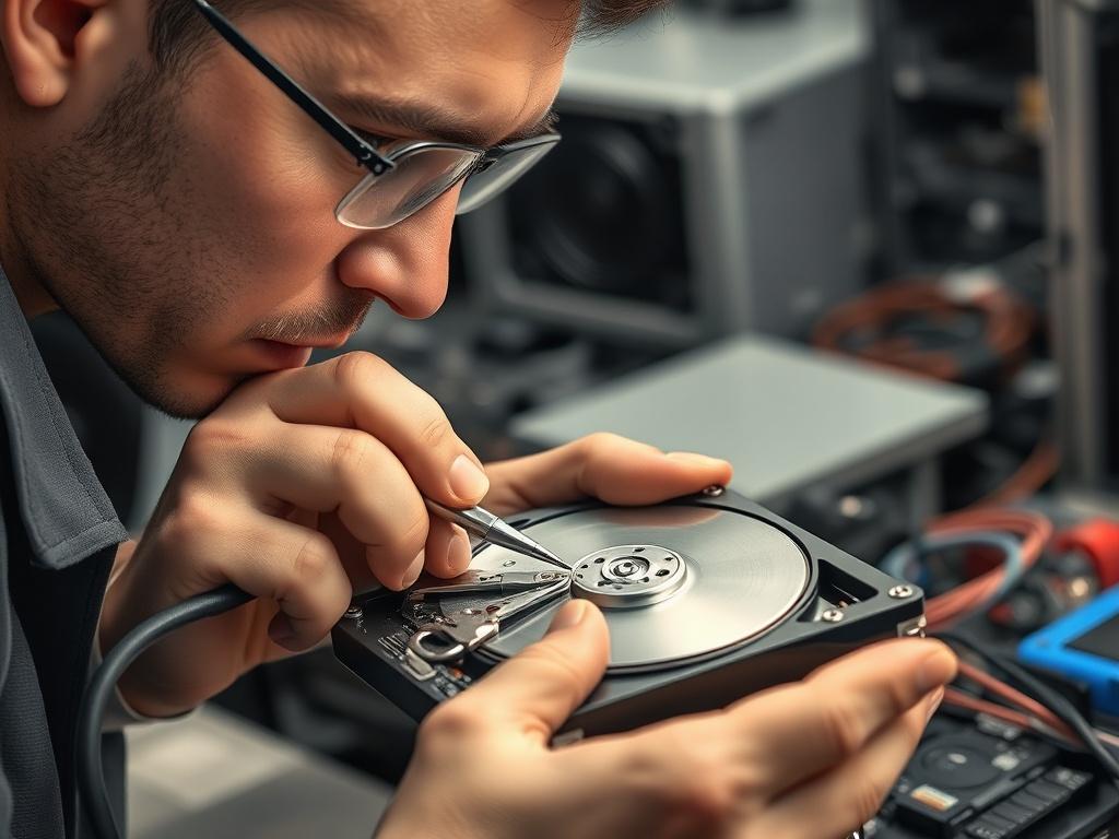 A close-up of a technician examining a damaged hard drive with recovery tools in hand. The background shows a workspace with computer parts and recovery equipment, creating a focused and professional atmosphere.