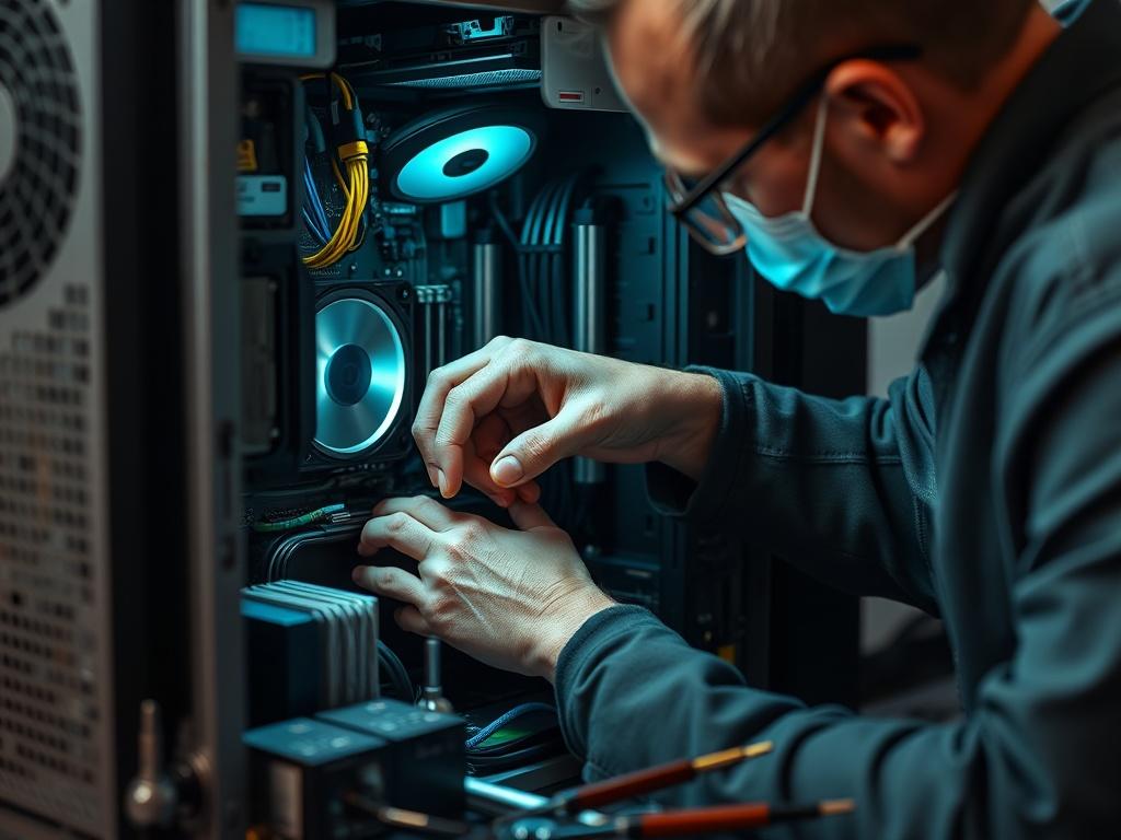 A technician repairing a desktop computer, with various components and tools around. The focus is on the technician's hands as they work on the interior of the computer, highlighting the technical precision involved.