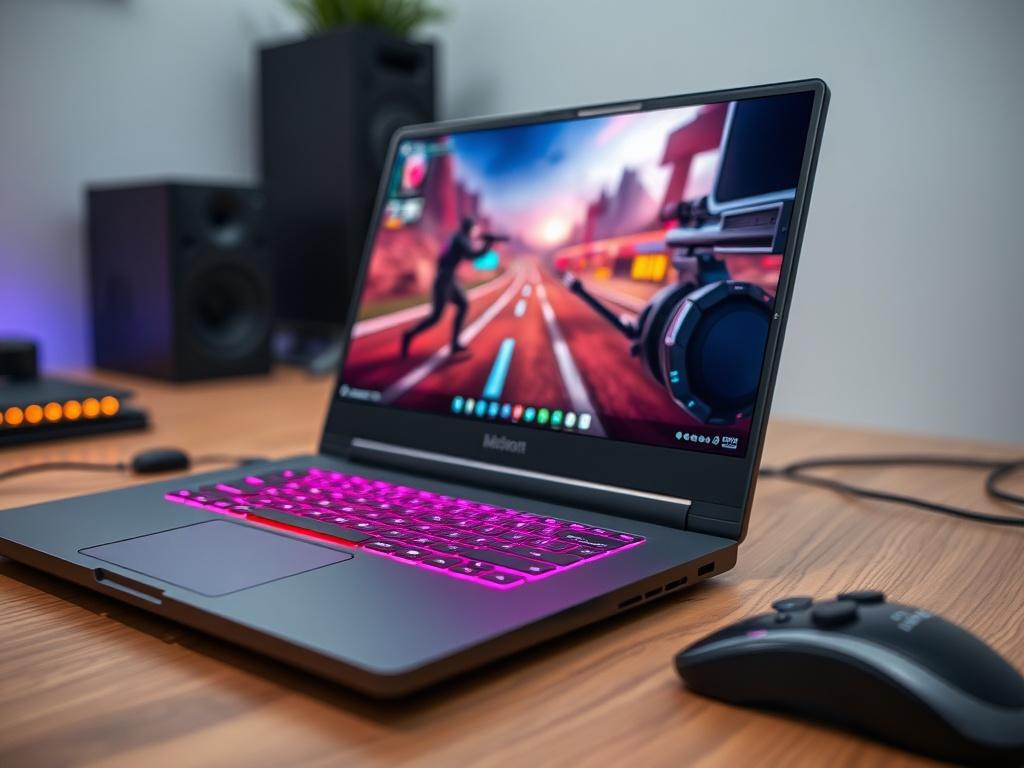 A close-up shot of a gaming laptop open on a desk, displaying a vibrant game screen. The laptop is sleek, with RGB lighting. The background is blurred, emphasizing the laptop's features and the gaming atmosphere.