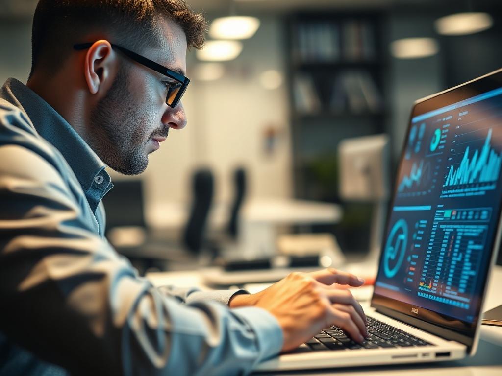 A close-up shot of a forensic investigator analyzing digital data on a laptop screen, showcasing detailed graphs and data analysis. The investigator is focused, wearing professional attire, with a blurred office background. The lighting is bright and professional, emphasizing the seriousness of the task. The colors are compatible with rgb(50, 170, 39), creating a cohesive and modern look.