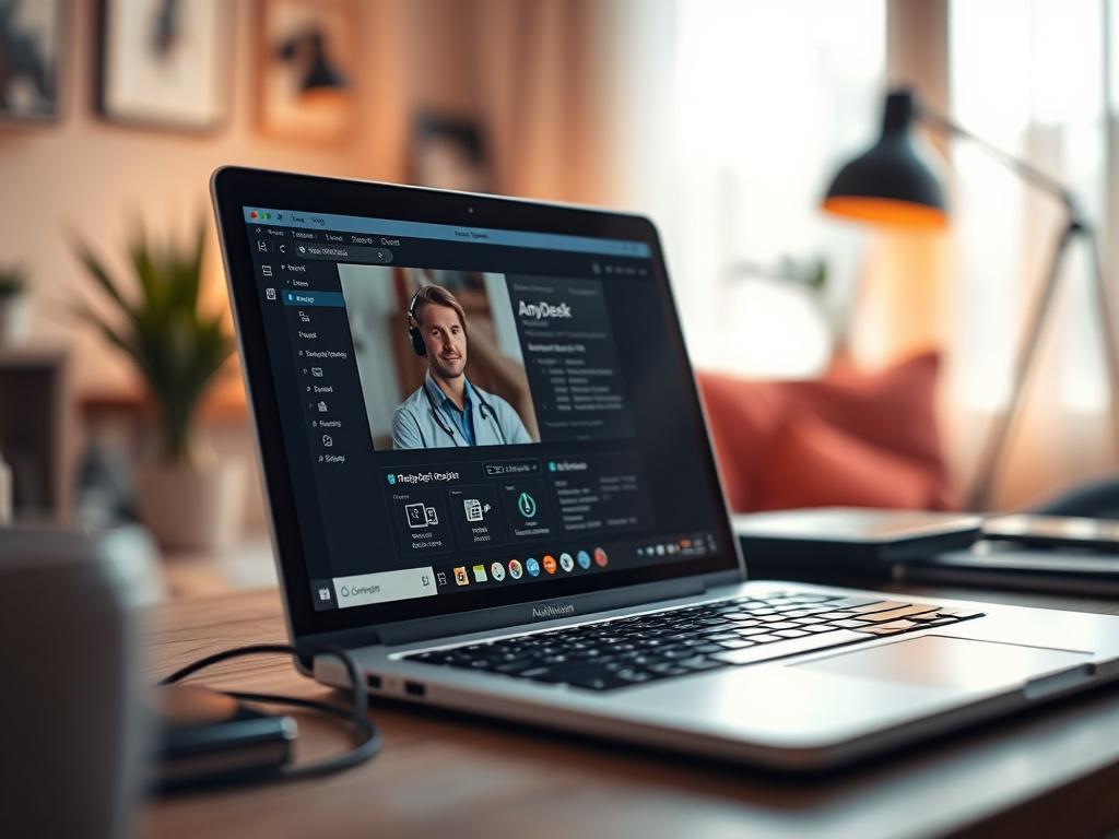 A close-up shot of a laptop screen displaying a remote support session using AnyDesk, with a professional technician's interface visible on the screen. The background is a soft-focus home office setting, with a warm light illuminating the scene, showcasing a comfortable and tech-savvy environment. The primary color rgb(50, 170, 39) subtly incorporated in the elements around the laptop.