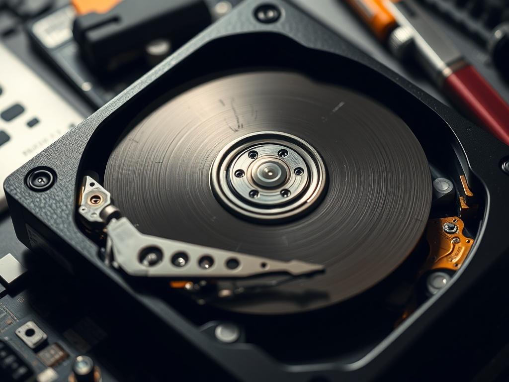 Create a highly detailed, realistic high-resolution photo that vividly illustrates the theme of a failing hard drive, reflecting the blog titled "Dysk Głośno Pracuje: Alarmujące Sygnały Wymagające Natychmiastowej Interwencji Serwisu." The image should feature a single subject—a close-up shot of a malfunctioning hard drive, emphasizing its metallic casing and intricate internal components. The focus should be on the hard drive's spindle and platters, showcasing signs of wear or damage, such as scratches or d