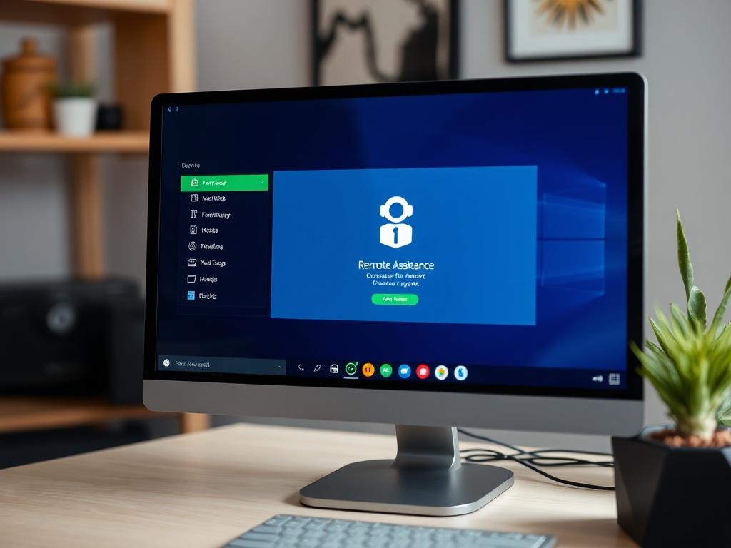 A close-up shot of a computer screen displaying a remote assistance software interface, such as AnyDesk, showing a secure connection to a user's computer. The background should be a simple, uncluttered workspace, emphasizing the technology and ease of remote support. The image should reflect a hyper-realistic style, using vibrant colors with a focus on the rgb(50, 170, 39) primary color.