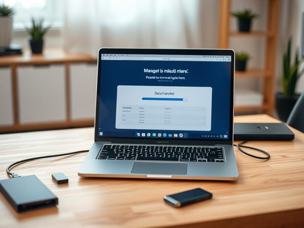 **Prompt for AI Image Generation:**

Create a realistic high-resolution photo that captures the essence of the blog titled "Migracja Danych do Nowego Komputera: Jak Przenieść System i Ustawienia Bez Problemów?". The image should feature a single subject: a sleek, modern laptop sitting on a clean, minimalistic wooden desk. 

In the foreground, show the laptop with its screen displaying a user-friendly interface that indicates data transfer progress, emphasizing the seamless migration process. Surrounding the