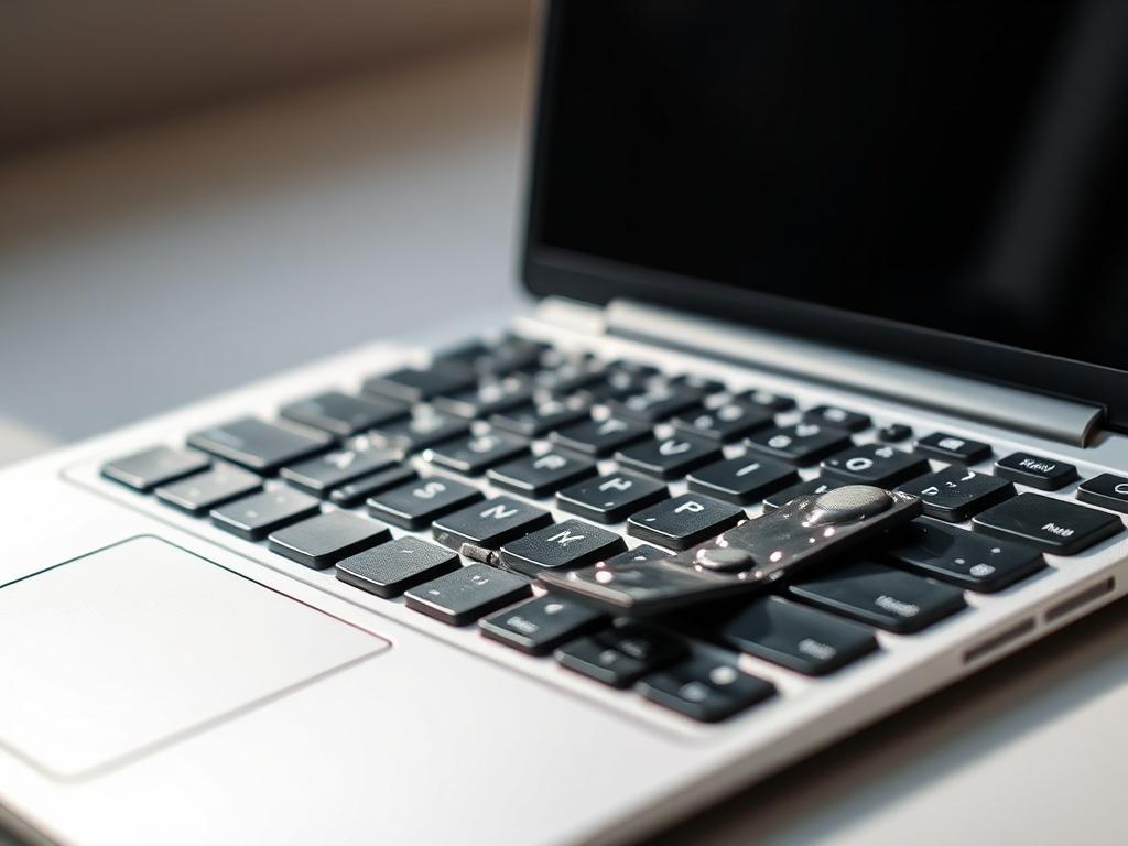 Create a highly realistic, high-resolution photograph that visually represents a blog post titled "Wymiana Klawiatury w Laptopie: Zalana Klawiatura – Co robić i Ile Kosztuje Naprawa?". The main subject of the image should be a close-up shot of a laptop with a visibly damaged keyboard due to water exposure, with some moisture droplets still visible on the keys to emphasize the theme of water damage. 

Ensure the keyboard is slightly detached from the laptop body, showcasing the process of disassembly, which 