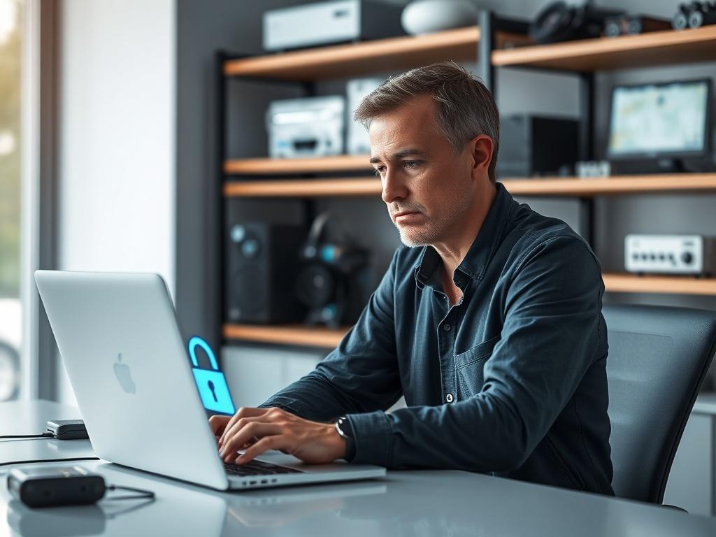 Create a realistic high-resolution photo that embodies the essence of a blog titled "RODO w Praktyce: Jak Wdrożyć Szyfrowanie Danych w Małej Firmie?". The composition should feature a single, focused subject: a professional IT technician, a middle-aged Caucasian male, sitting at a sleek modern desk with a laptop open in front of him. 

The technician should be wearing a smart-casual outfit, exuding confidence and expertise, while looking thoughtfully at the screen displaying a visual representation of data 
