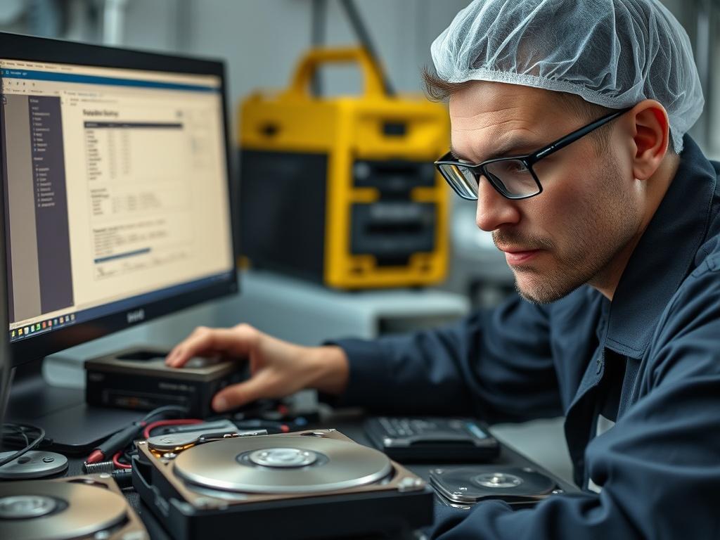 A close-up shot of a recovery technician working on a data recovery process with multiple hard drives and a computer. The technician is focused, displaying a professional demeanor, with tools meticulously arranged around him.