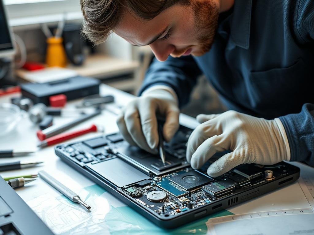 A close-up shot of a technician carefully disassembling a laptop that has been damaged by liquid, on a clean workbench. The technician is focused and wearing protective gloves, with tools neatly organized around him.