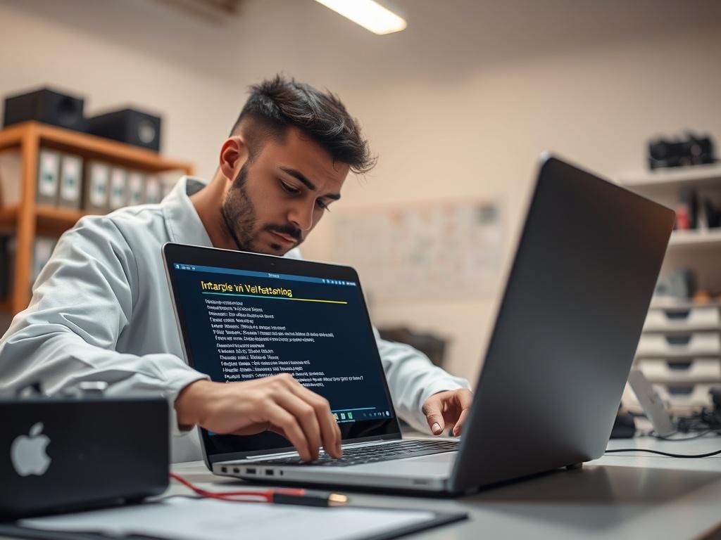 A close-up shot of a technician examining a laptop with diagnostic tools in a well-lit workspace, with a focus on the laptop screen displaying error messages. The background should be simple and organized, showcasing a clean and professional environment.