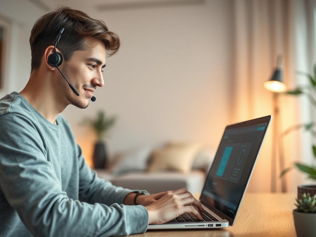 Create a realistic high-resolution photo that captures the essence of online technical support and remote troubleshooting. The composition should be simple and clear, featuring a single subject: a person (a young professional, either male or female) focused on a laptop at a comfortable home desk environment. The individual should appear engaged and attentive, with a slight smile, conveying confidence and satisfaction as they receive remote assistance.

In the background, include soft-focus elements such as 