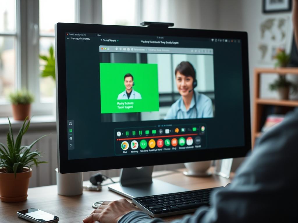 A close-up shot of a computer screen displaying a remote support session in progress, with a technician's interface visible. The background should be a cozy home office setting, well-lit, with a focus on the screen, capturing the essence of online IT support. The color scheme should include shades of green, specifically rgb(50, 170, 39), to reflect the brand's primary color.