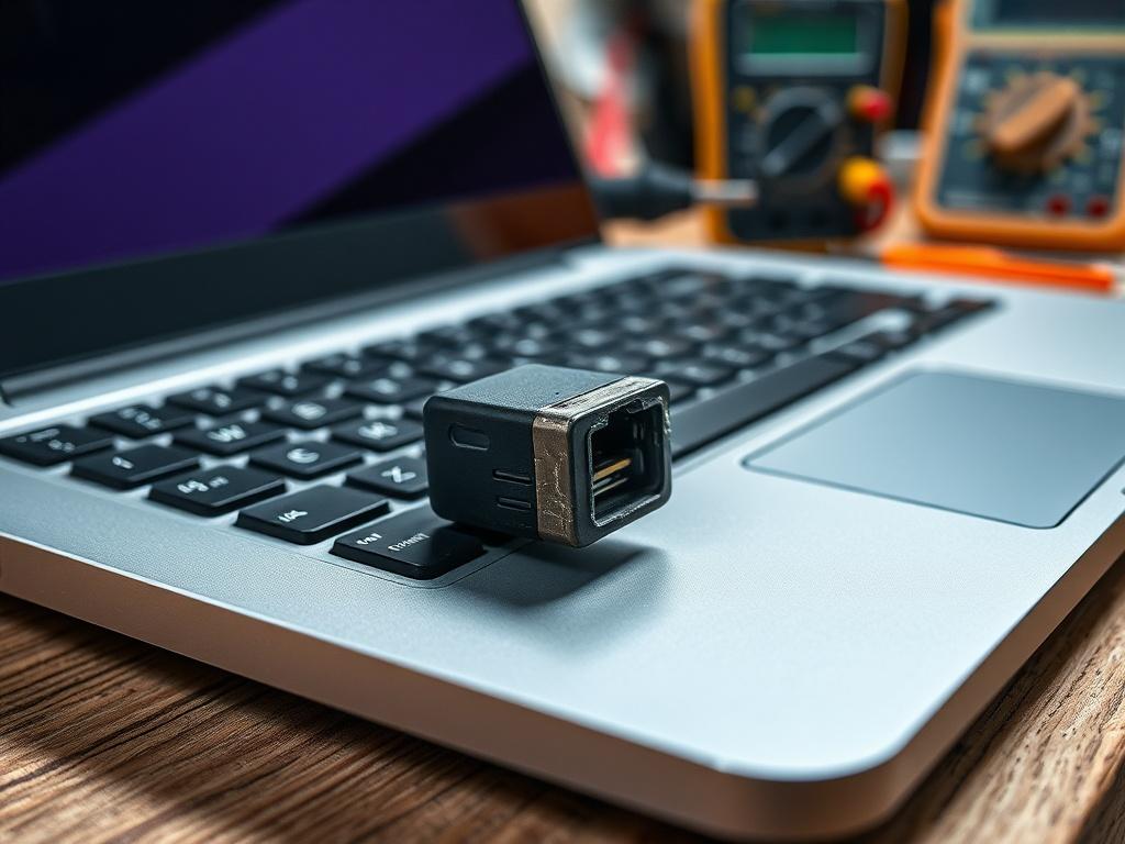 **AI Image Generation Prompt:**

Create a hyper-realistic high-resolution close-up shot focused on a single, damaged laptop charging port (DC jack) that visually conveys the urgency of repair. The subject is a laptop lying flat on a wooden workbench, with the camera angled slightly above to capture the details of the damaged charging port. The gniazdo zasilania should appear visibly worn and loose, illustrating the consequences of neglecting such a critical issue. 

In the background, include softly blurred