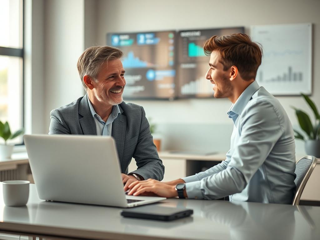 Create a realistic high-resolution photo that captures the essence of IT outsourcing for businesses, particularly focused on the costs and benefits of full IT support. The composition should be simple and clear, featuring a single subject: a professional IT consultant engaged in a discussion with a small business owner. 

The IT consultant, a middle-aged individual with a friendly demeanor, is sitting at a modern, sleek desk that holds a laptop displaying data analytics and IT management system. Their attir