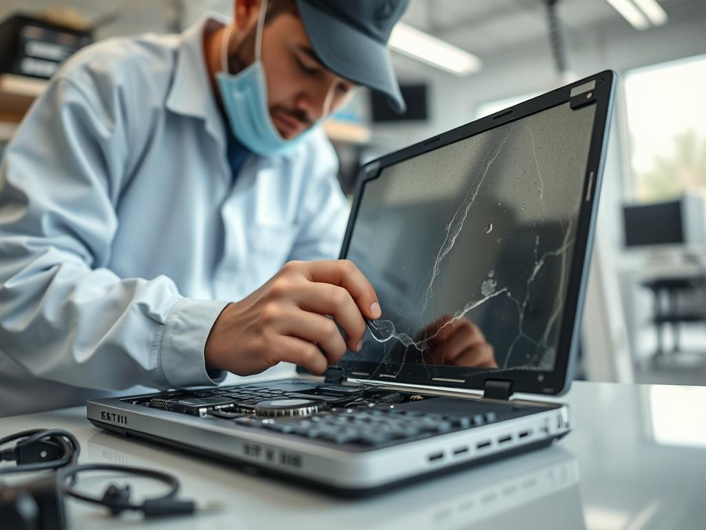 A high-resolution close-up shot of a technician repairing a water-damaged laptop in a computer repair shop. The laptop is opened with visible water damage, and the technician is carefully cleaning the components. The background is a bright, organized workspace.