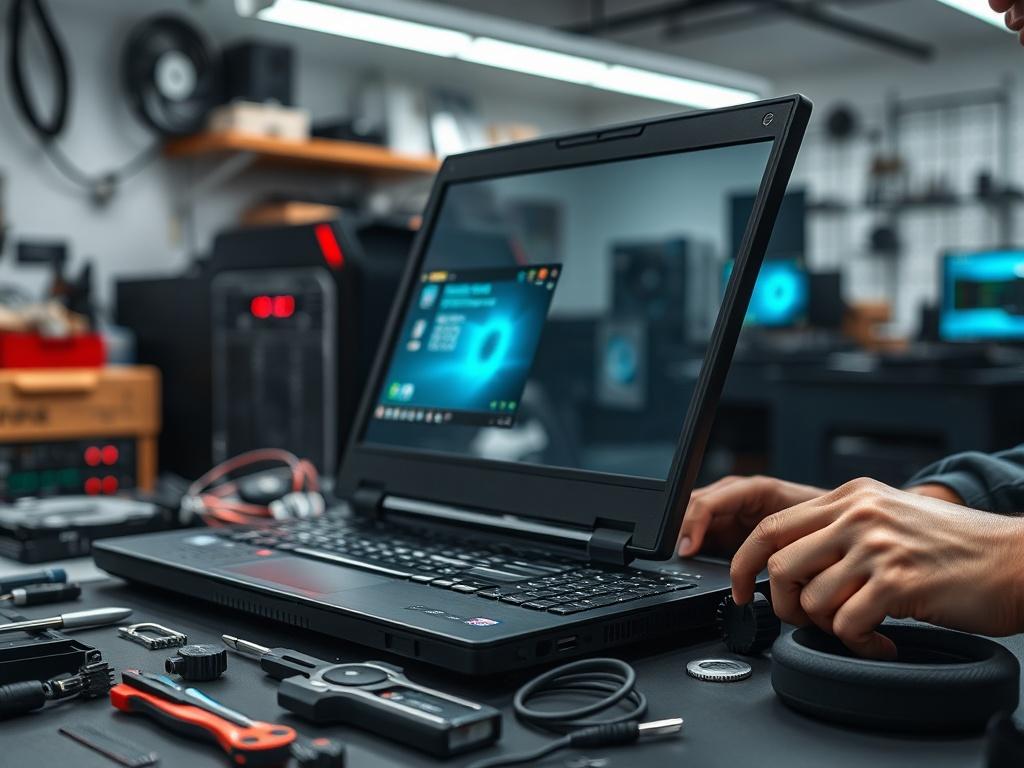 A high-resolution close-up shot of a gaming laptop being repaired in a professional computer workshop. The laptop is open, showing its internal components, with tools and a technician's hands working on it. The background is a clean, organized workspace with soft lighting highlighting the laptop.