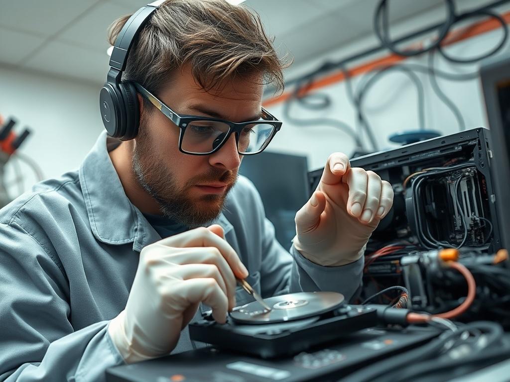 A high-resolution close-up shot of a technician carefully examining a damaged hard drive in a computer repair shop. The technician is using specialized tools and equipment, with a focused expression. The background shows a clean, organized workspace filled with computer hardware.