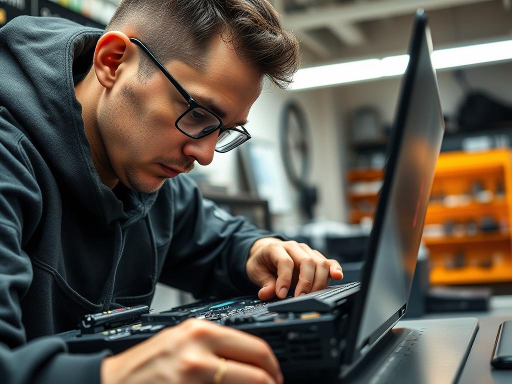 A high-resolution image of a technician repairing a gaming laptop, showcasing the intricate components of the laptop with a focused expression, in a bright, well-lit repair shop.
