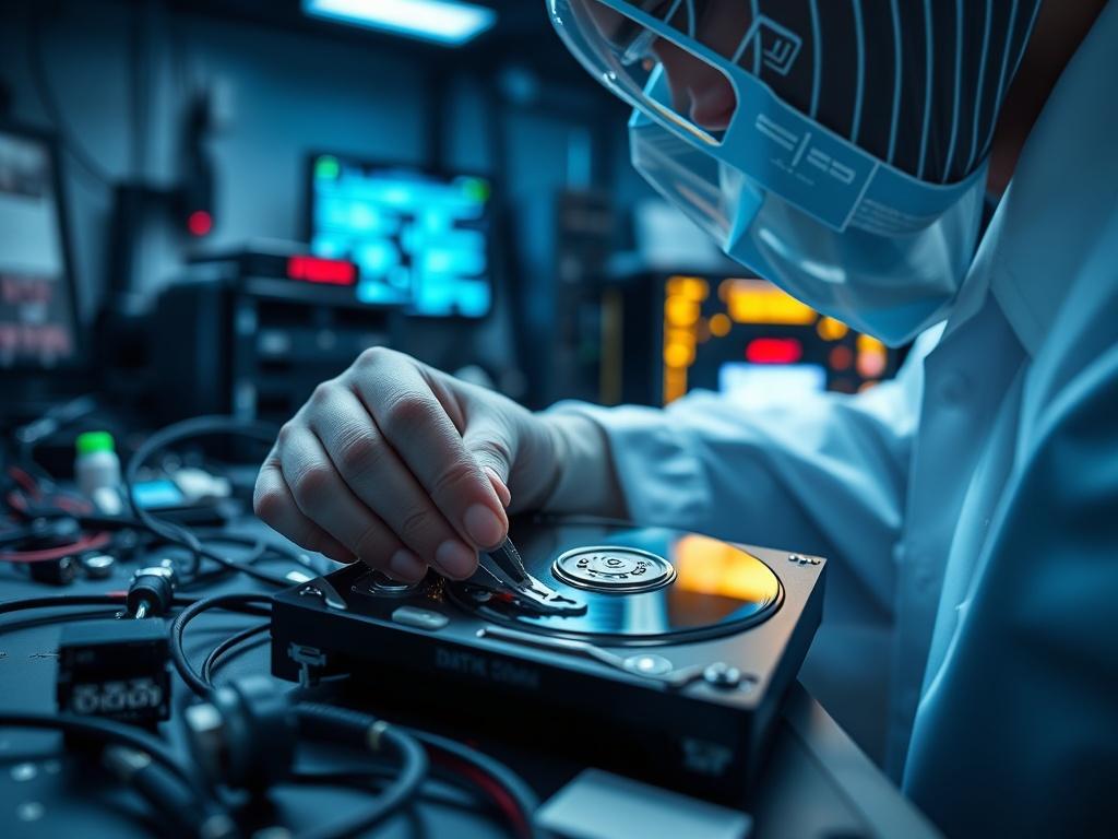 A close-up image of a data recovery process, featuring a technician carefully examining a hard drive in a high-tech lab environment, with recovery tools and equipment in the background.