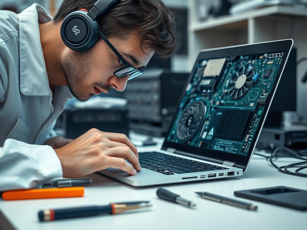 A close-up shot of a technician diagnosing a laptop, focusing on the intricate details of the device's internals, with tools neatly arranged beside it, against a clean, organized workspace.