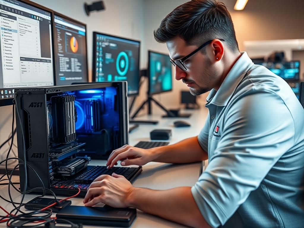 **Prompt for AI Image Generation:**

Create a high-resolution, hyper-realistic close-up shot of a professional-looking IT technician sitting at a modern workstation, focused on configuring a brand-new computer. The technician should be wearing a neat, branded polo shirt, showing a sense of professionalism. 

In the foreground, prominently display the technician’s hands skillfully connecting components and cables of a sleek, high-performance gaming PC, with various high-tech gadgets and tools strewn around t