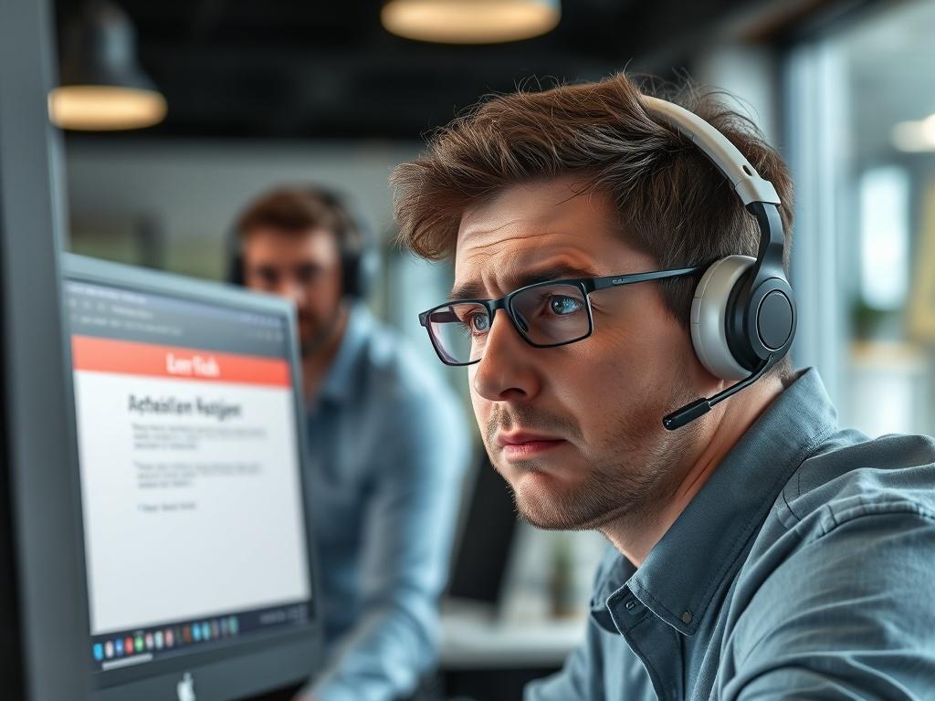 A realistic high-resolution close-up shot of a frustrated individual looking at a computer screen displaying an error message, while a technician is providing remote assistance via AnyDesk, in a modern office environment.