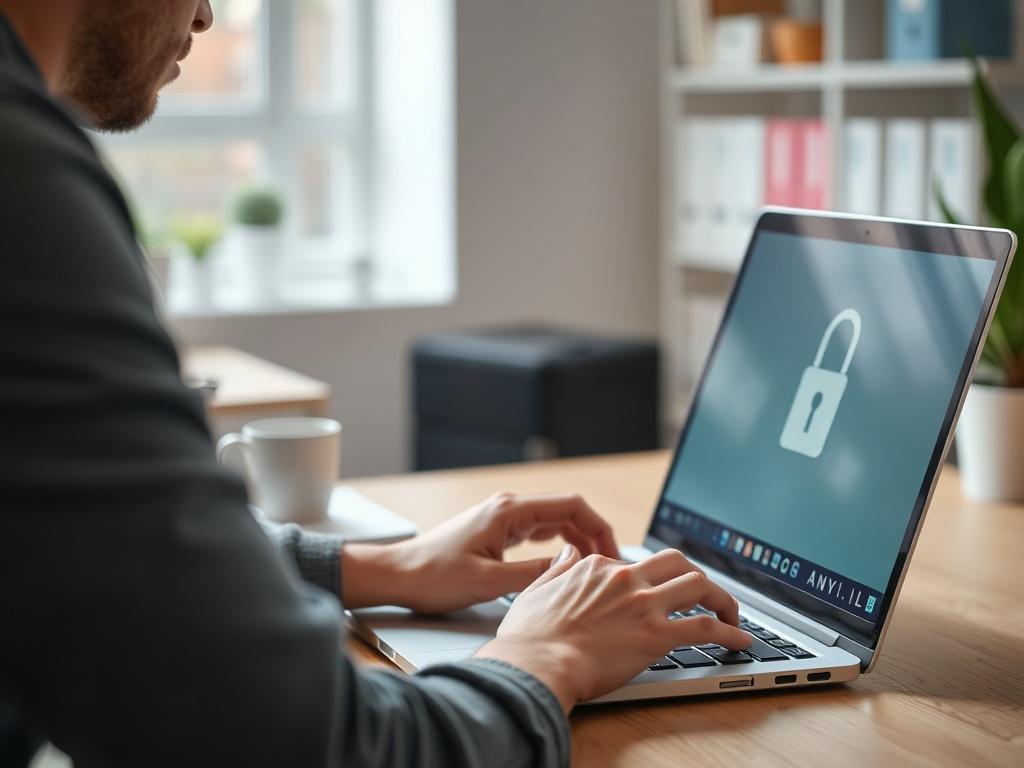 A realistic high-resolution close-up shot showing a person confidently using AnyDesk on their laptop, with a visible lock icon on the screen symbolizing security, in a bright and organized workspace.