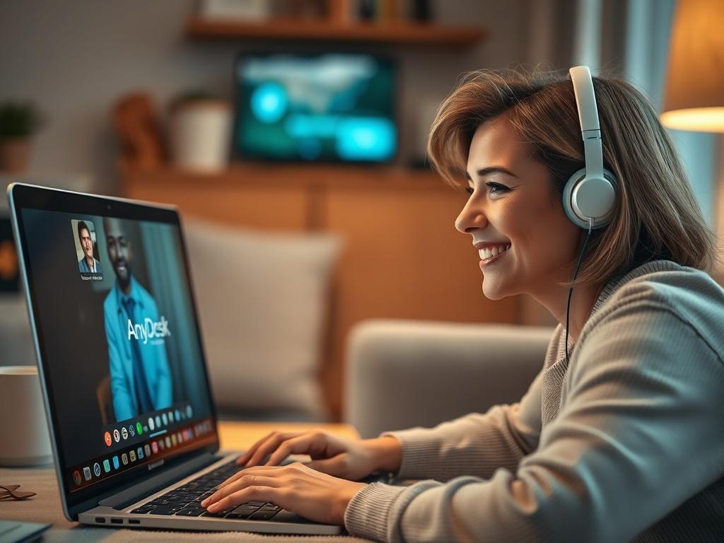A realistic high-resolution close-up shot showing a person looking at a laptop screen with a satisfied expression while on a video call with a technician, in a cozy home setting, with a visible AnyDesk logo on the screen.