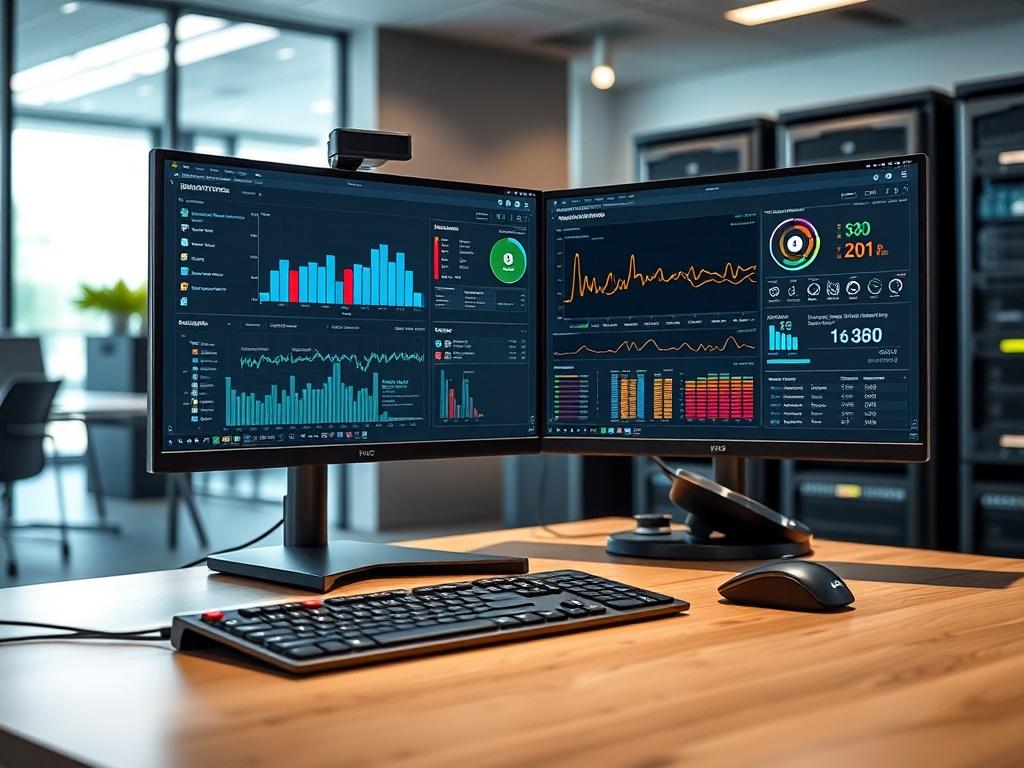 Create a hyper-realistic high-resolution image focused on a single, professional server monitoring setup. The scene should feature a modern workstation equipped with dual monitors displaying detailed network monitoring dashboards, showcasing various metrics like bandwidth usage, server health status, and disk space monitoring. The foreground should prominently feature a sleek, ergonomic desk with a high-end keyboard and mouse, while a soft ambient light from the monitors casts a gentle glow over the workspa