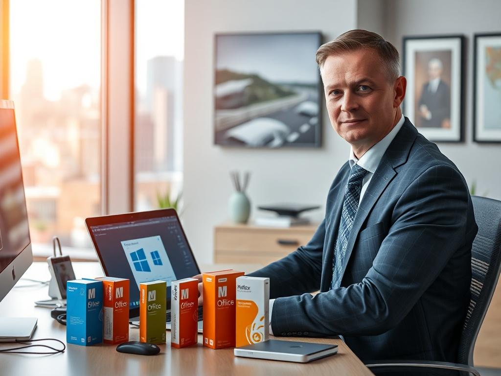 Create a realistic high-resolution photo focused on the theme "Instalacja Oprogramowania Płatnego i Licencje: Zarządzanie IT dla Biznesu." The composition should feature a single subject: a professional looking IT consultant, a middle-aged individual with short, neatly combed hair, wearing smart-casual attire. The consultant is positioned at a modern desk cluttered with high-tech gadgets, such as a laptop displaying a software installation screen and an array of software boxes (like MS Office and accounting