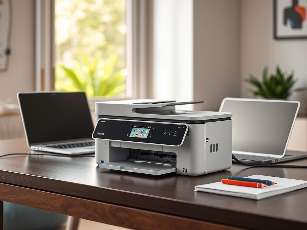 Create a realistic, high-resolution image focused on a modern home office setup. The main subject should be a sleek, contemporary Wi-Fi-enabled printer prominently displayed on a stylish desk. The printer should have a clean, minimalist design with visible connection ports to emphasize its networking capabilities. 

In the background, subtly show a laptop connected to the printer, along with an open window revealing a bright, airy room with greenery outside, symbolizing a productive atmosphere. Ensure the d