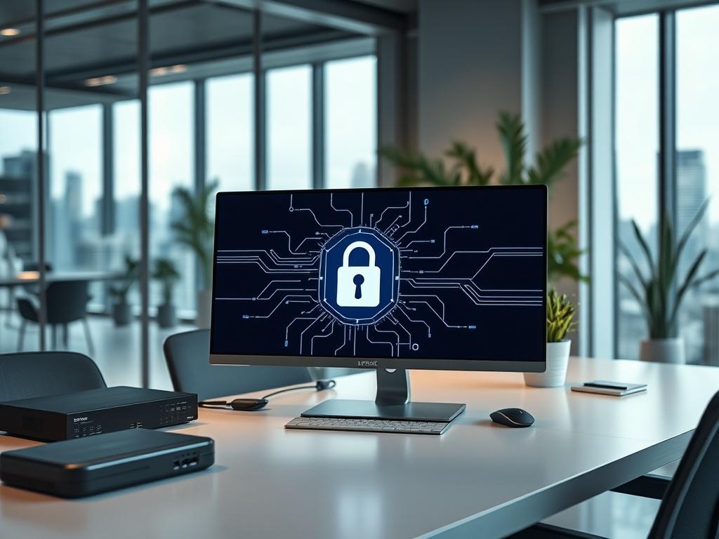 **AI Image Generation Prompt:**

Create a hyper-realistic, high-resolution image that illustrates the concept of secure remote access using VPN technology within a corporate environment. The primary focus should be on a single subject: a modern workstation setup featuring a laptop, an external monitor, and a network device, all surrounded by a sleek, contemporary office space. 

The workstation should convey a professional ambiance, showcasing a clean desk with minimal clutter. On the laptop screen, display