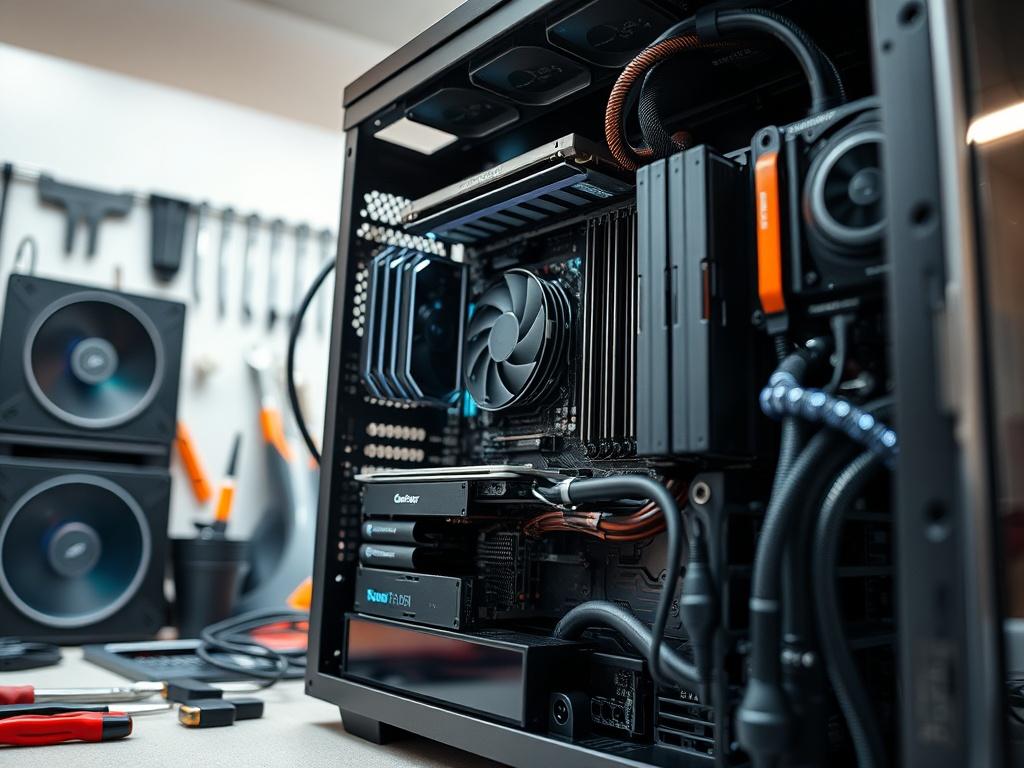 A close-up shot of a high-end gaming PC being assembled, showcasing various components like the motherboard, graphics card, and cooling system. The background is a clean, well-lit workspace with tools neatly arranged. The image should be hyper-realistic, focusing on the intricate details of the components, with a color scheme that incorporates rgb(50, 170, 39). The shot should be captured with a 45mm f/1.2 lens to create a shallow depth of field, emphasizing the assembly process.