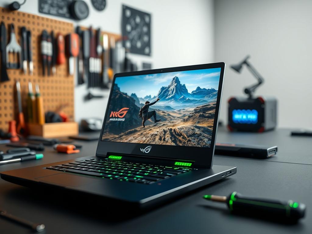 Create a realistic high-resolution photo that captures the essence of professional gaming laptop repair. The composition should be simple and focused, featuring a single gaming laptop in the foreground. The laptop should be opened, showcasing a vibrant and clearly visible screen displaying a popular video game, like a high-paced action scene or a striking landscape from a fantasy game. The laptop's exterior should reflect a sleek, modern design, possibly from a brand like ASUS ROG or MSI, with its LED light